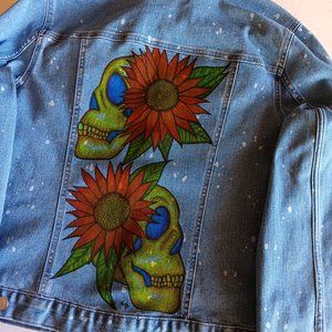 Hand Painted Stretch Denim Statement Jacket With Skulls & Sunflowers L 12/14 NWT